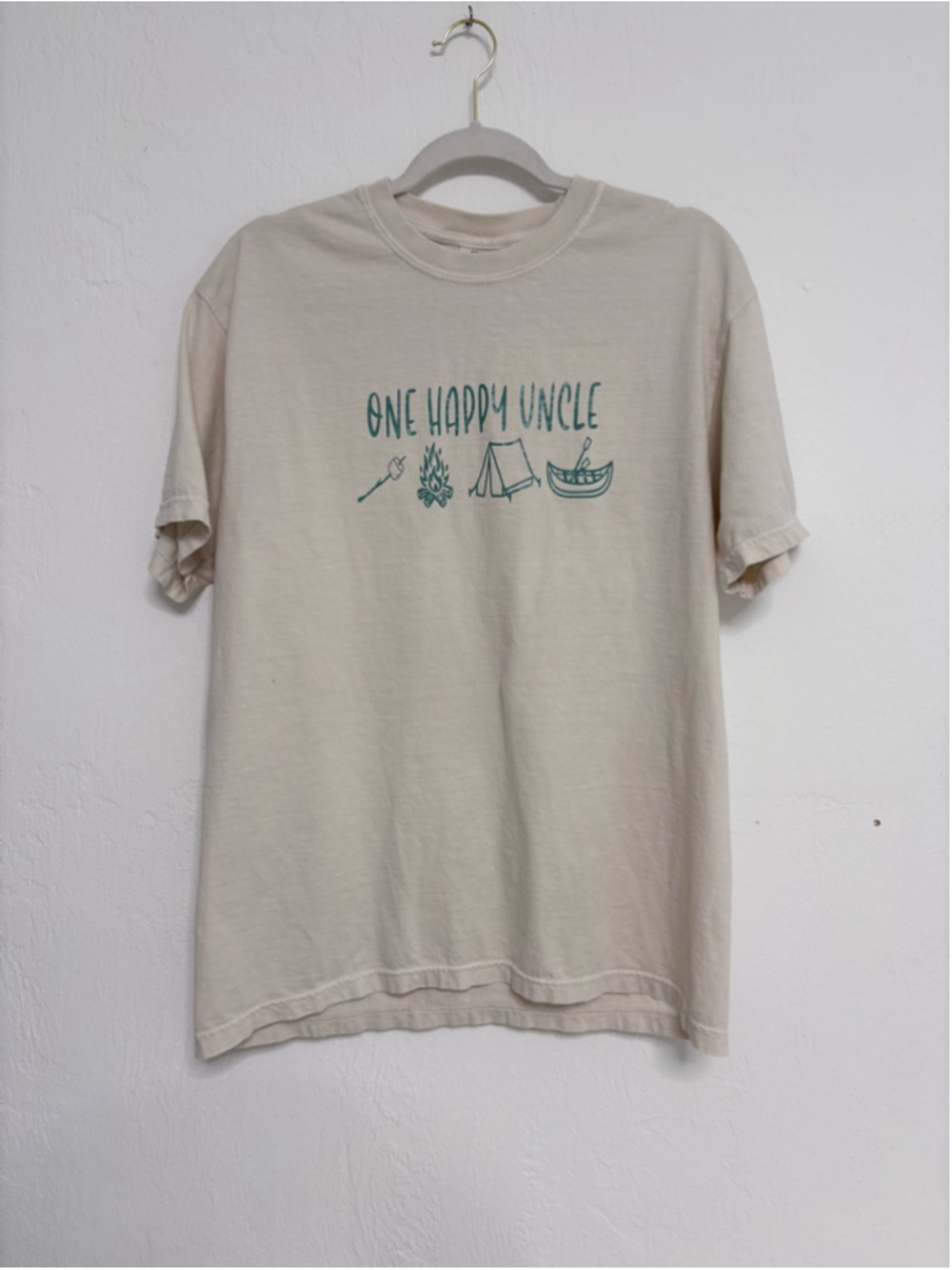 Men's Comfort Colors "One Happy Uncle" Beige Green Short Sleeve Tee L Cotton